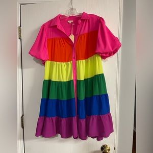 Rainbow Puff Sleeve Mini Dress